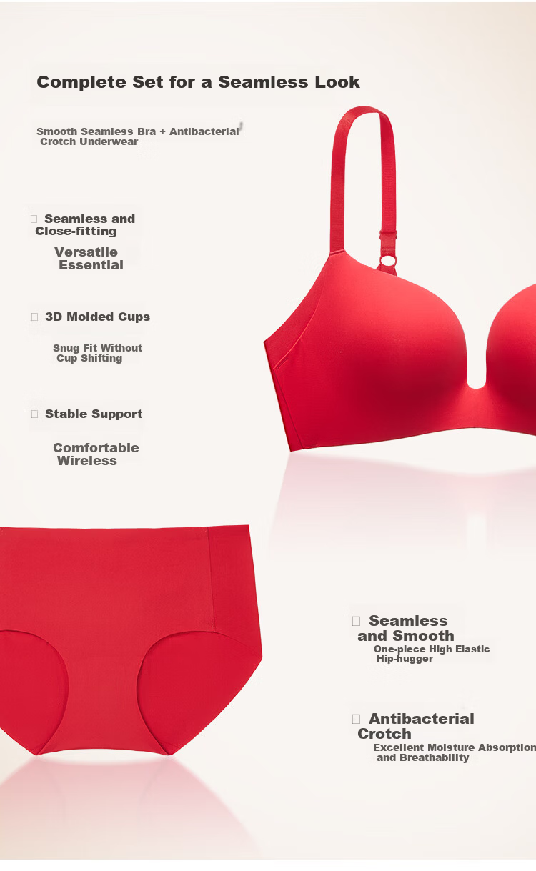 Urban Beauty Women's New Year Red Lingerie Set Seamless Wireless Push-Up Bra + 2 Panties Gift Box 8