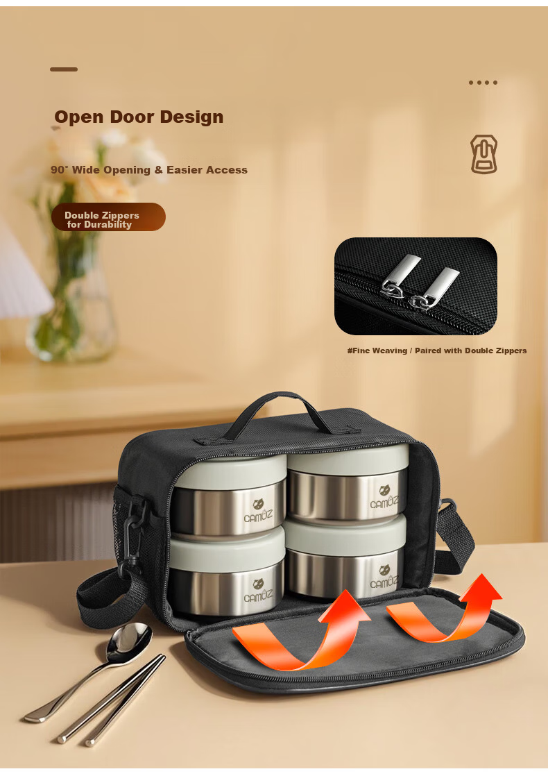 CAMUZ Insulated Lunch Box 316 Stainless Steel Microwaveable Thermal Container Large Capacity 4-Pack 14