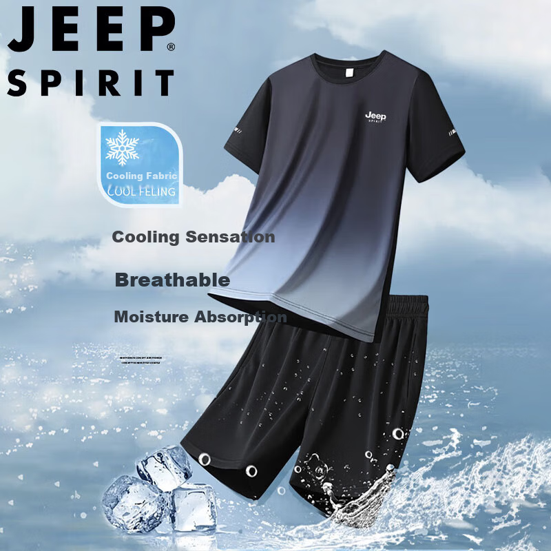 JEEP SPIRIT Men's Summer T-Shirt and Shorts Set Casual Plus Size Sportswear Black Gray XL