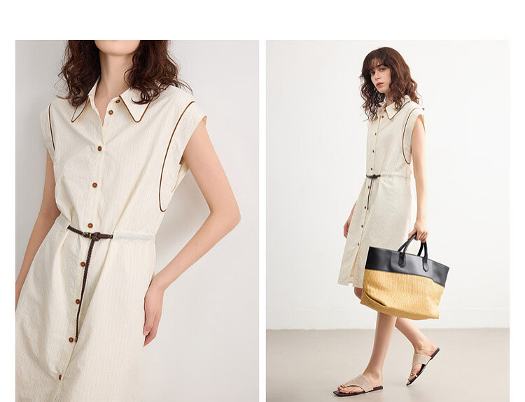 Demana [Comfort Oxygen Cotton Series] Summer Commuter Striped Color-Block Trim Polo Collar PU Belt Mid-Length Dress for Women 5