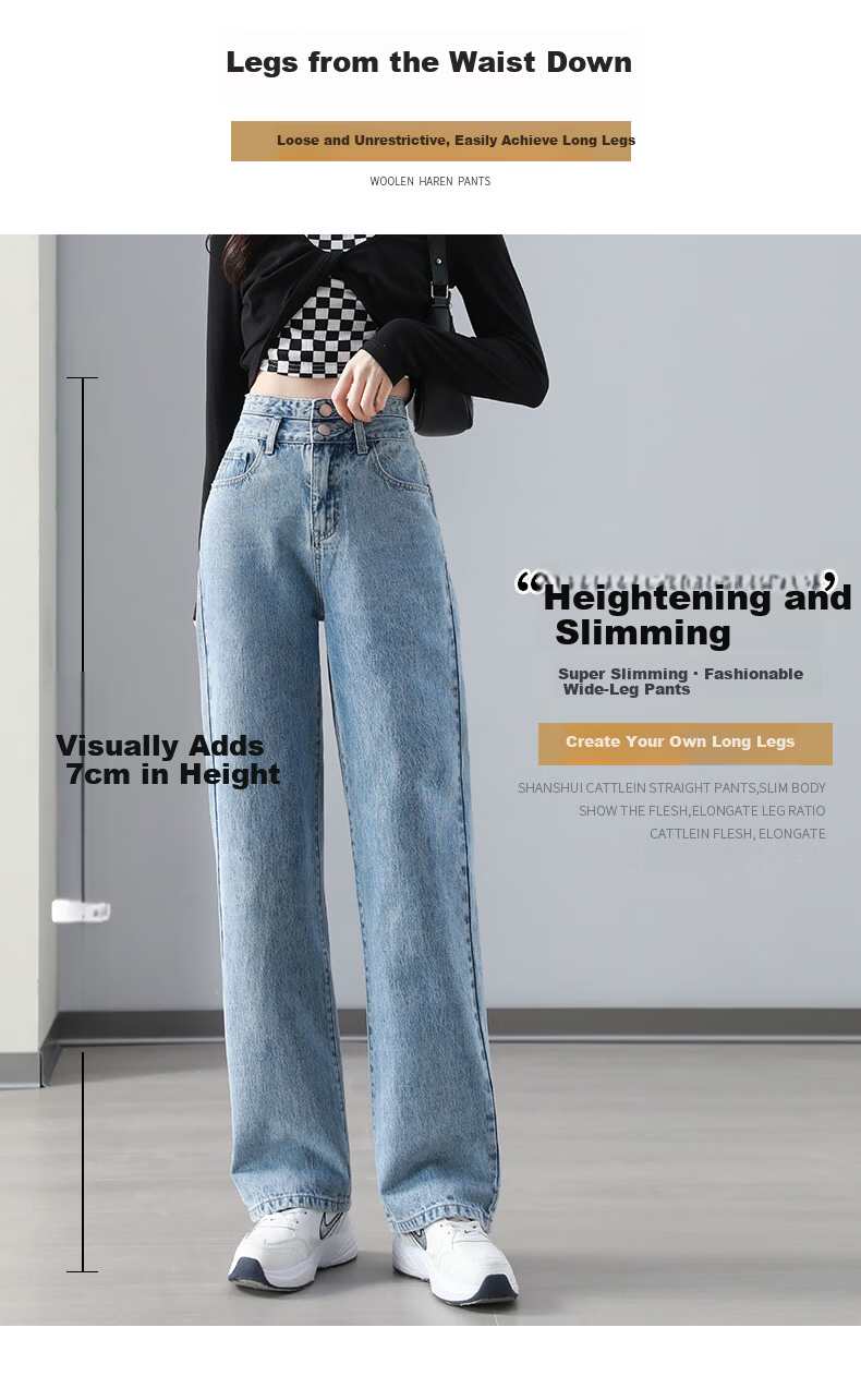 Romon High Waist Slimming Women's Jeans Summer Double Button Draped Loose Straight Wide Leg Pants Black Gray M 3