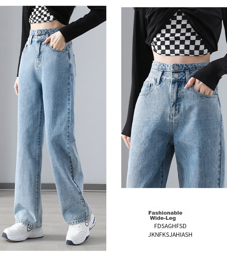 Romon High Waist Slimming Women's Jeans Summer Double Button Draped Loose Straight Wide Leg Pants Black Gray M 9