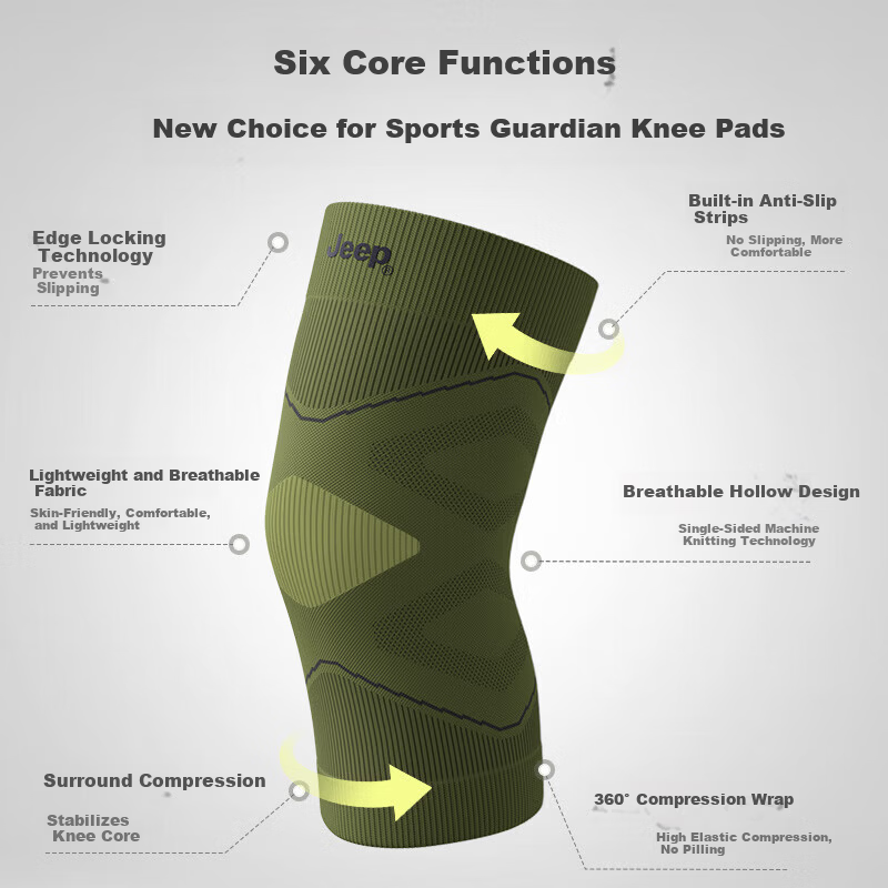 JEEP Knee Pads Sports Unisex Basketball Protective Running Fitness Breathable Single-Sided Knee Pads Green L