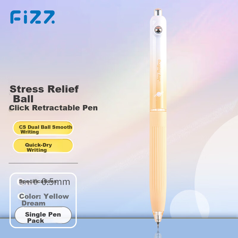 Fizz Colorful Stress-Relief Click Ballpoint Pen 0.5mm Quick-Dry Dual Steel Ball CS Tip Soft Grip High-Capacity Office Signature Pen for Exam 1pc B73011 Orange