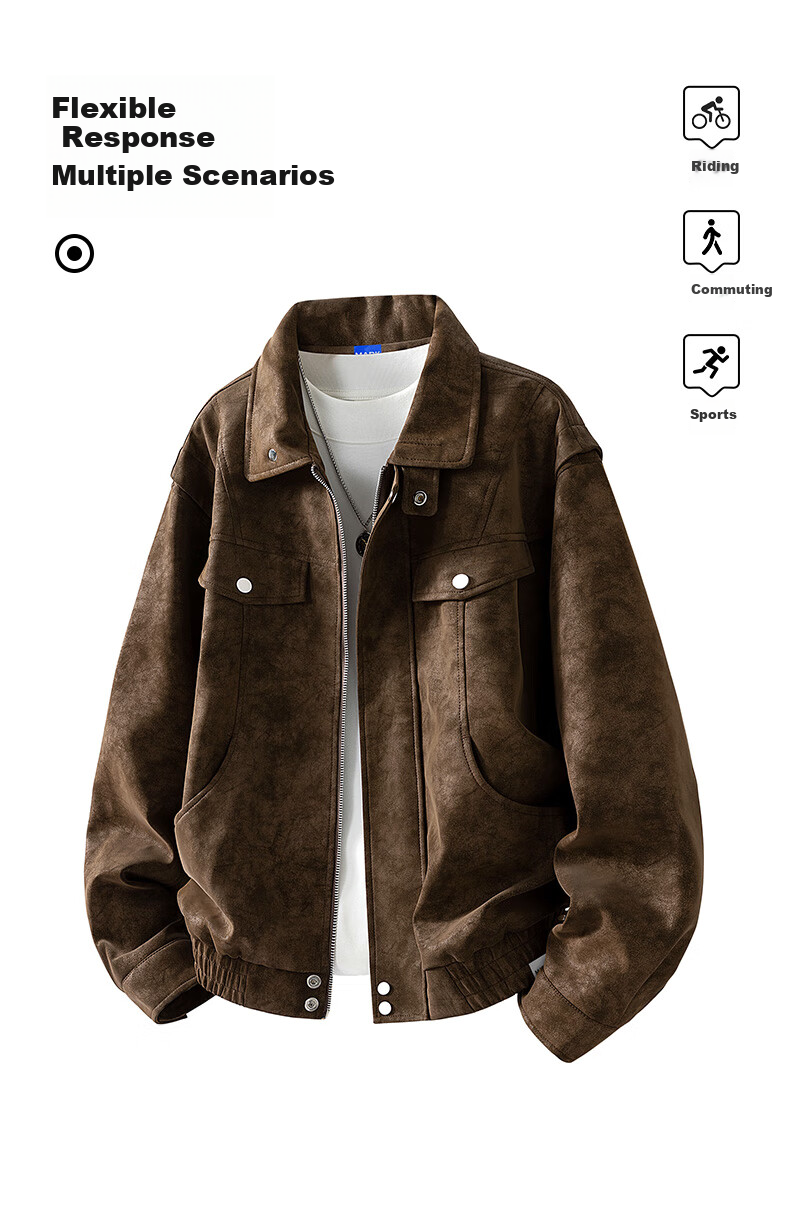 MARK FAIRWHALE Men's Turn-down Collar Jacket Autumn New Trendy Casual Retro Workwear Leather Coat Men's Outerwear Bean Green XL 3
