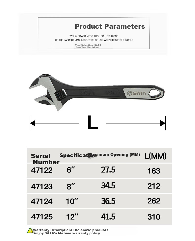 SATA Adjustable Wrench Industrial Grade Chrome Vanadium Steel Large Opening 6" 47122 11