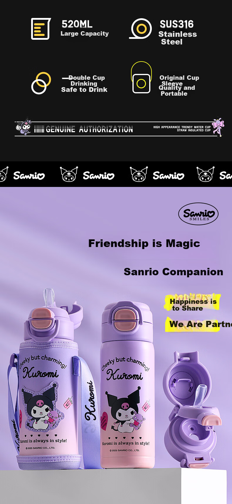 Sanrio 316 Stainless Steel Insulated Water Bottle 520ML Dual-Use Kids Cup Kuromi Pink Purple 901 2