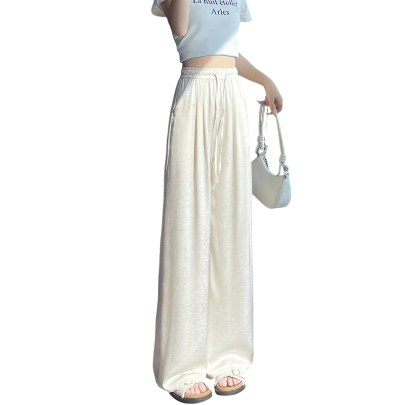 Free Style Acetate Satin Wide-Leg Pants for Women Summer Thin High Waist Draped Sun-Proof Ice Silk White Straight Casual Trousers 2026