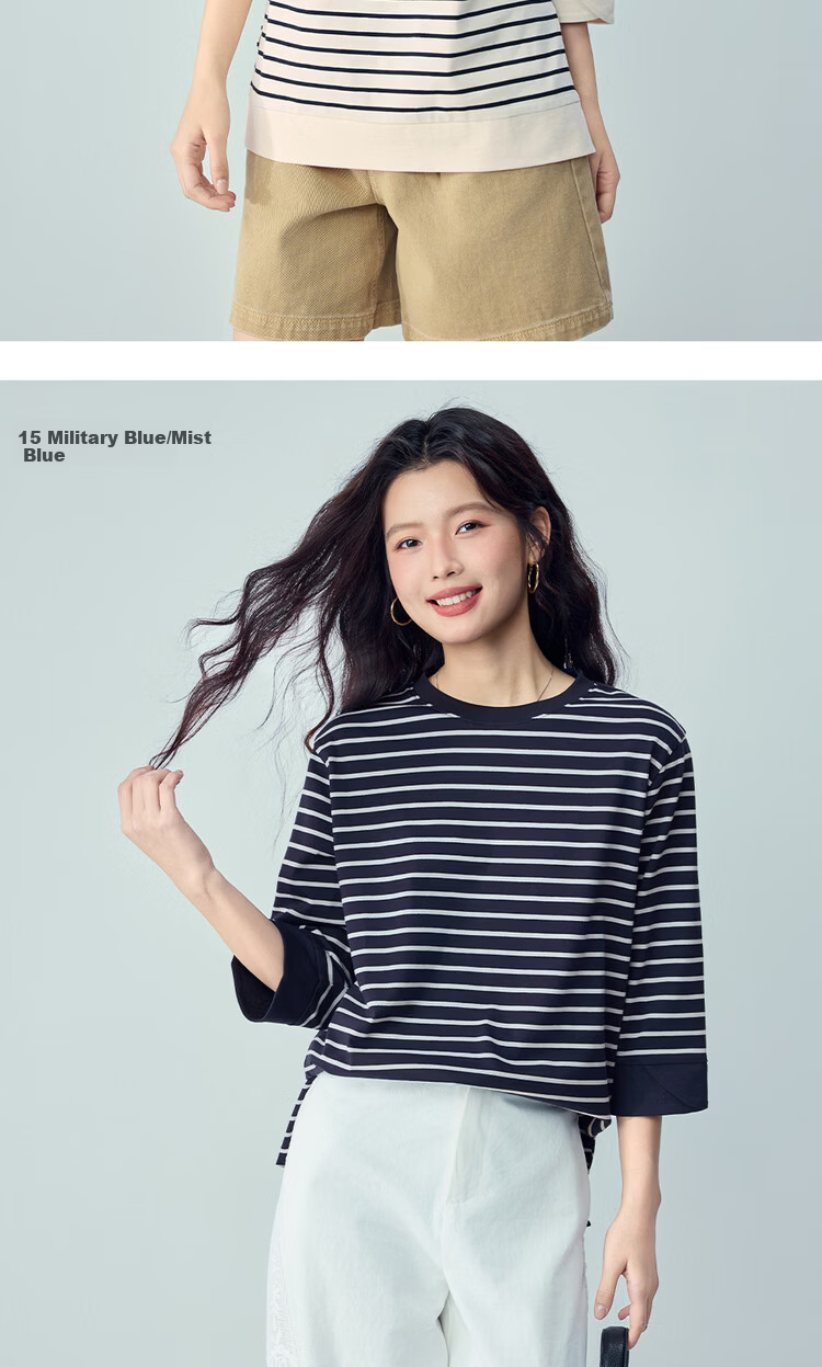 Giordano Women's T-Shirt 2026 Summer Cotton Striped Round Neck High-Low Hem 3/4 Sleeve Top 05326387 13