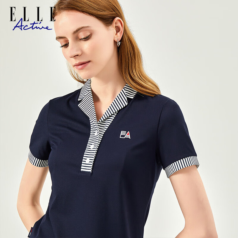 ELLE ACTIVE Classic Striped V-Neck Short Sleeve T-Shirt for Women Casual Slim Fit Top Summer Navy Blue S