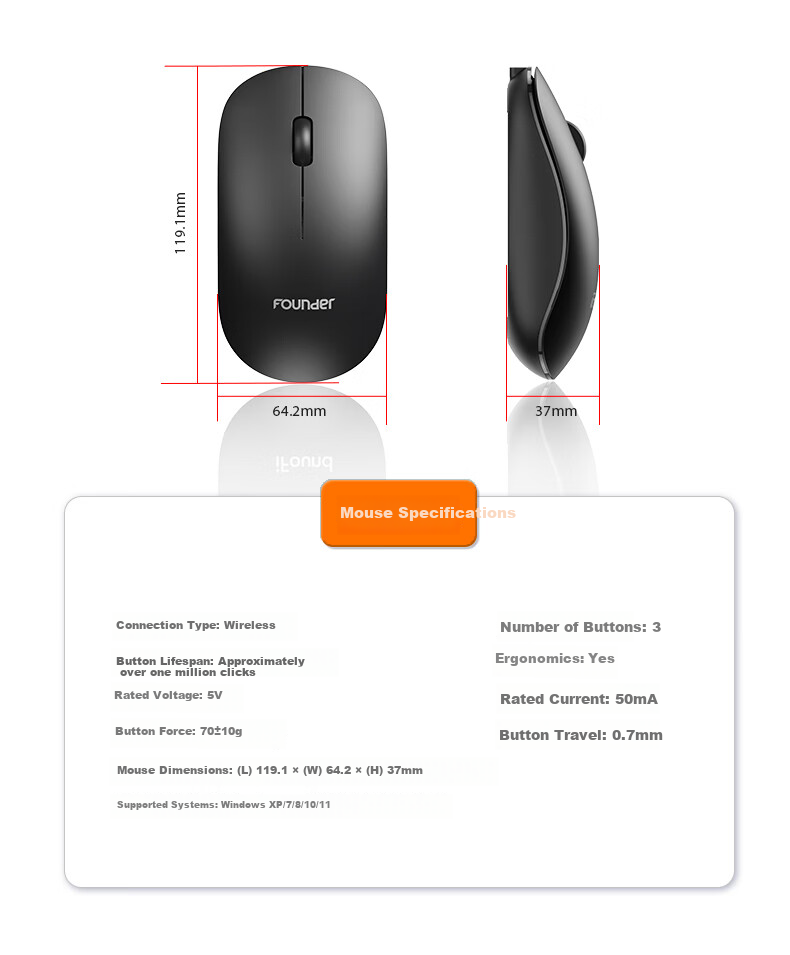 Founder W6226 Chocolate Keycaps Wireless Mini Keyboard and Mouse Set Portable Ultra-thin External Laptop Small Keyboard Wireless Compact Keyboard and Mouse Set Black 12