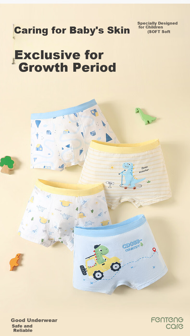 Fenteng Kean Boys' Underwear A-Class Cotton 10A Antibacterial 4-Pack 100% Cotton Crotch Cartoon Children's Boxer Briefs 1