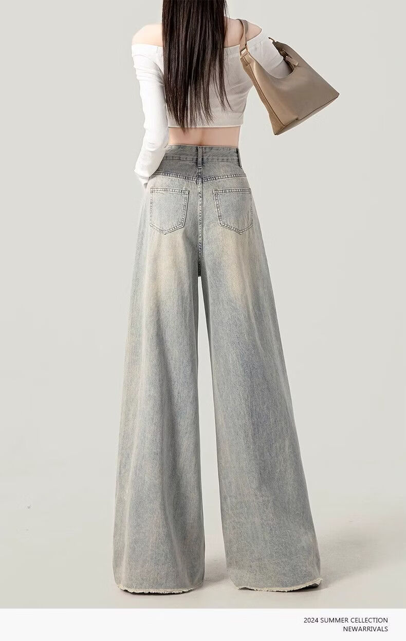 Jeanswest Women's Jeans 2026 Vintage Washed Straight High Waist Loose Distressed Raw Hem Wide Leg Pants Nostalgic Blue L 4