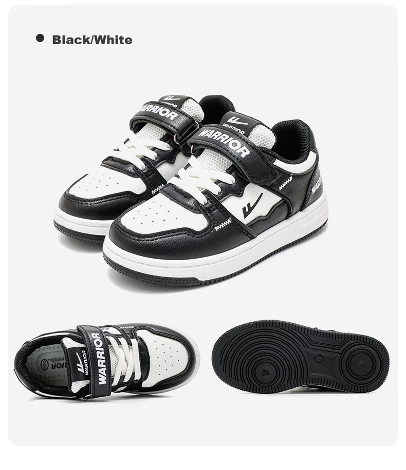 Warrior Boys' Skateboard Shoes, Spring And Autumn Style, Velcro Closure, Lightweight Children's Sneakers WZ(CL)-1329 Black/white 31 26