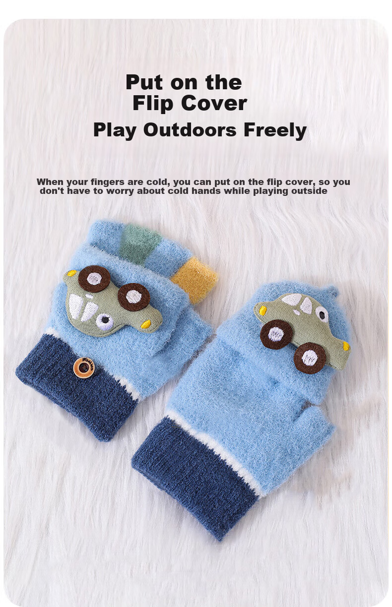 Aibaoqi Children's Winter Warm Flip Half Finger Gloves Boys Thickened Writing Fingerless Gloves T238 Blue 5