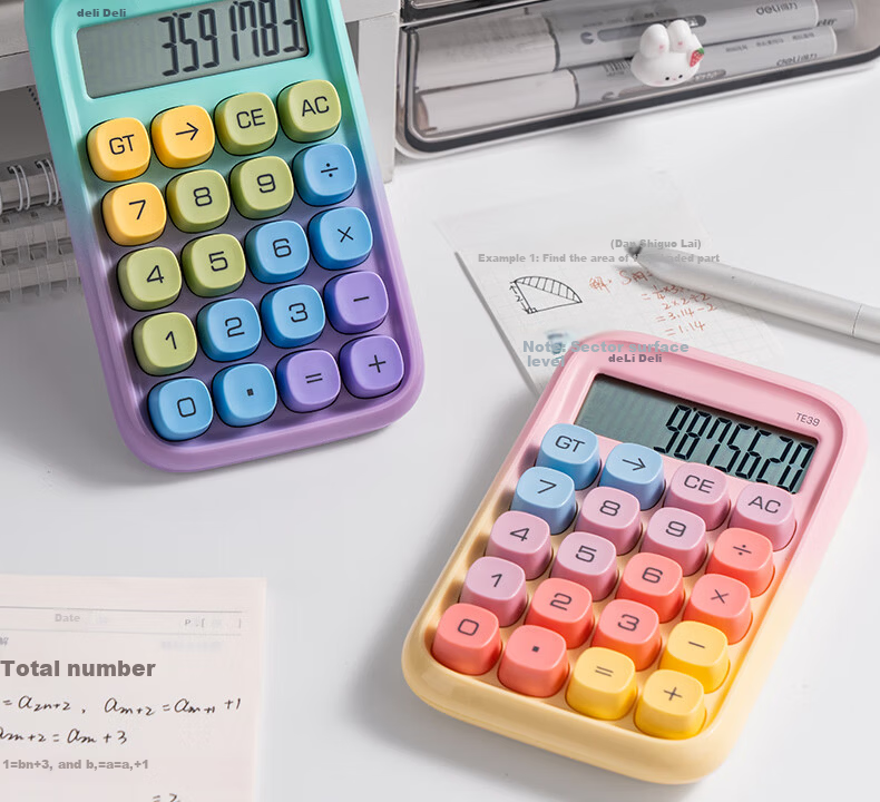 Deli Round High-Button Stylish Calculator for Children, 12-Digit Wide Screen Display, Aesthetically Pleasing Fourth Grade Student Calculator, Office And Study Supplies, Blue, TE36 7