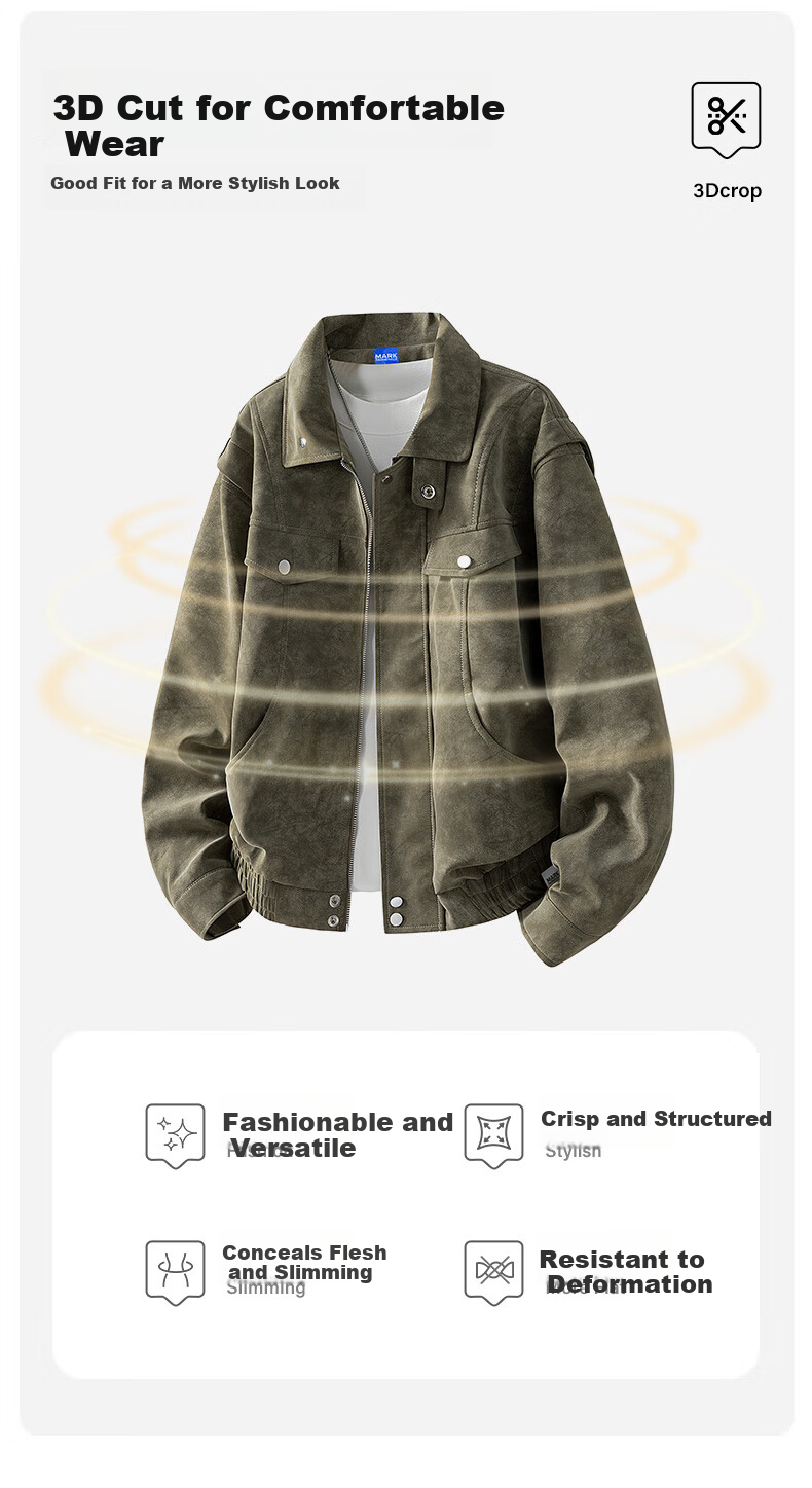 MARK FAIRWHALE Men's Turn-down Collar Jacket Autumn New Trendy Casual Retro Workwear Leather Coat Men's Outerwear Bean Green XL 4