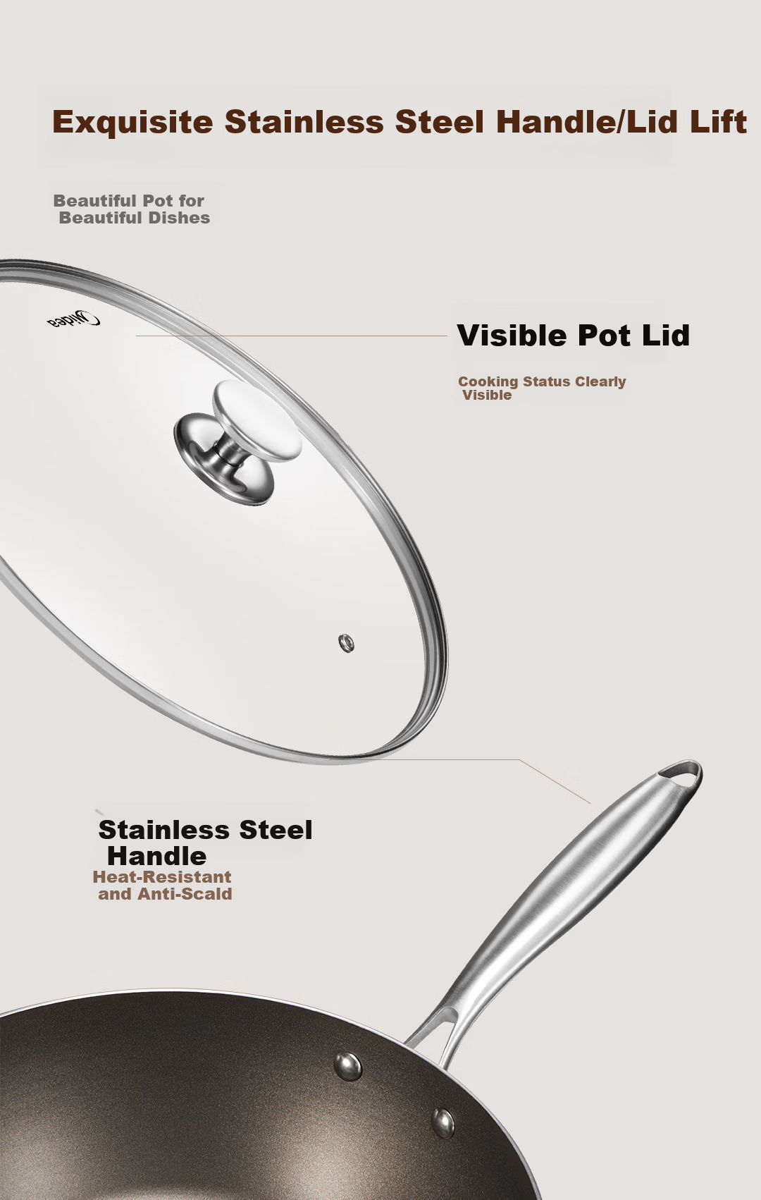 Midea Non-Stick Titanium Wok 30cm Flat Bottom Frying Pan Compatible with Induction Cooker 12
