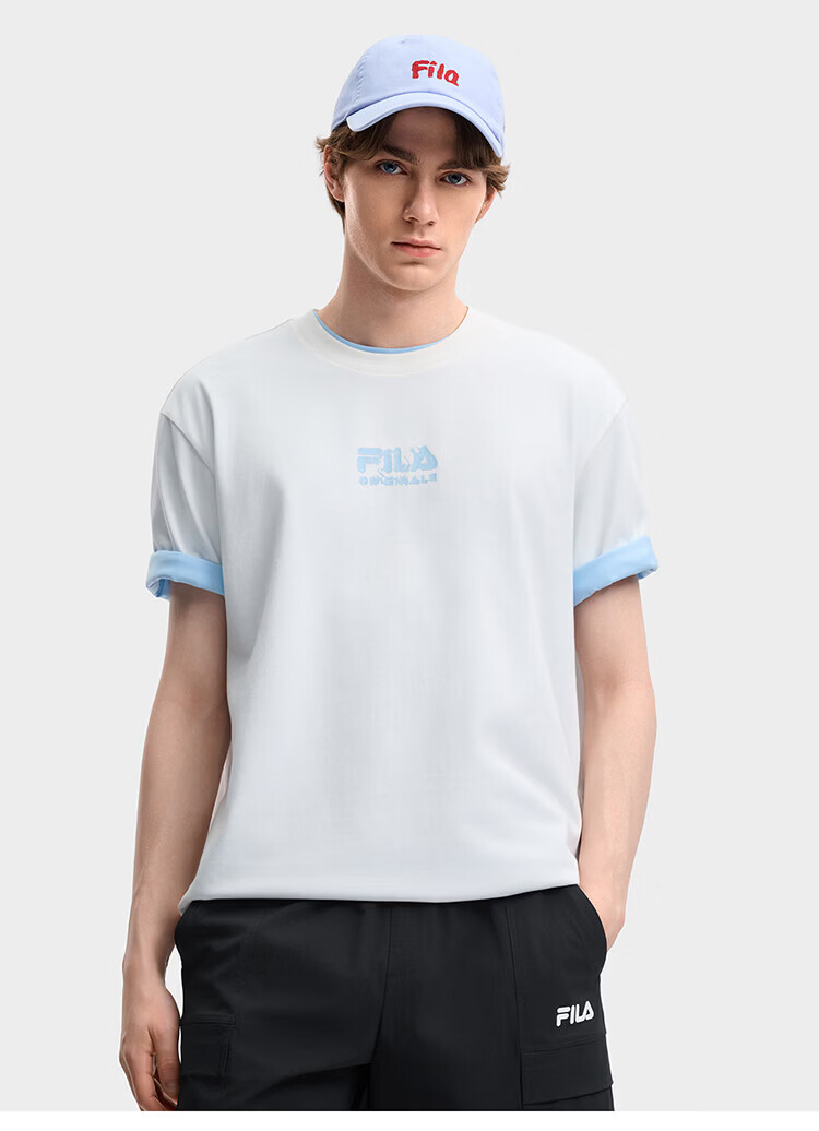 FILA Official Yi Yangqianxi Men's Knitted Short Sleeve Shirt 2026 Summer Casual Loose Cool Round Neck T-Shirt 35
