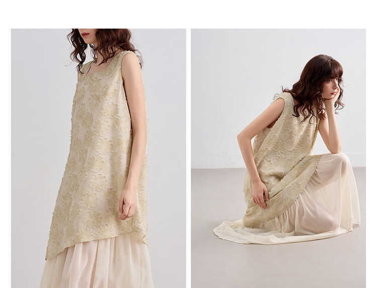 Demana Summer Faux Two-Piece Spliced Chiffon Lightweight Loose Sleeveless A-Line Mid-Length Dress with Cutwork and Print 8
