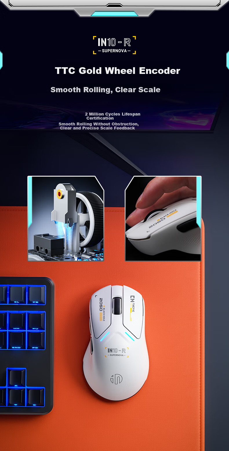 INPHIC IN10R Wireless Gaming Mouse Wired Bluetooth Tri-Mode PAW3395 Lightweight Right-Hand Ergonomic Claw Grip 26,000 DPI 8K Report Rate Starry White 7