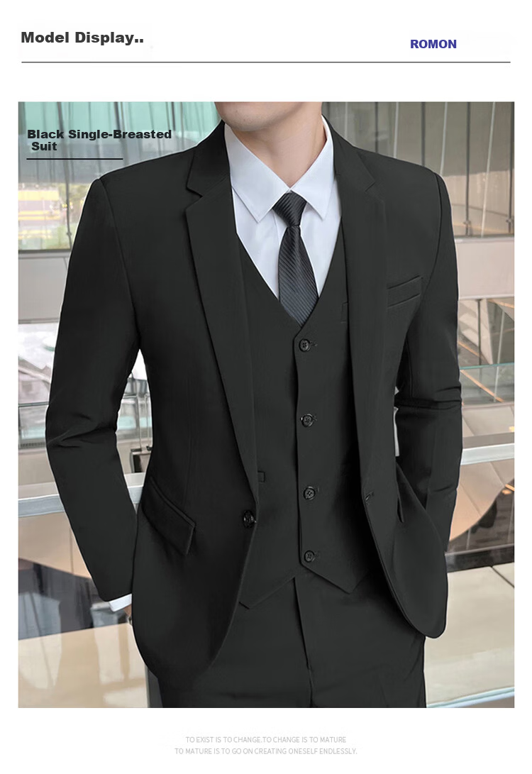 ROMON Men's Autumn Winter Solid Color Suit Jacket Slim Fit Business Formal Wedding Suit 8