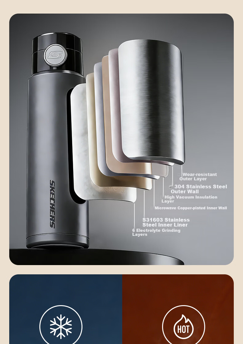 Skechers Yueyan Light Drink Cup 316 Stainless Steel Tritan Drinking Spout One-Button Flip Lid Insulated Mug Obsidian Gray 510ml 9