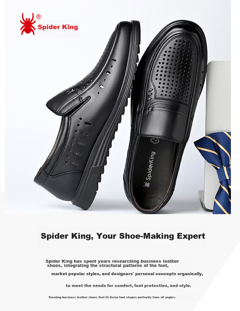 SPIDER KING Men's Leather Sandals Cowhide Summer Hollow Breathable Business Casual Shoes 48237 Black Size 41 3
