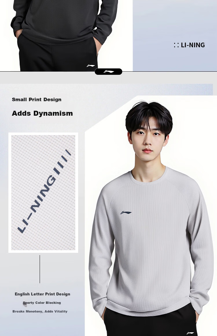 LI-NING Quick-Dry Breathable Sports T-Shirt Running Crew Neck Pullover Men's Fitness Lightweight Long Sleeve Simple Versatile Comfortable Top 3