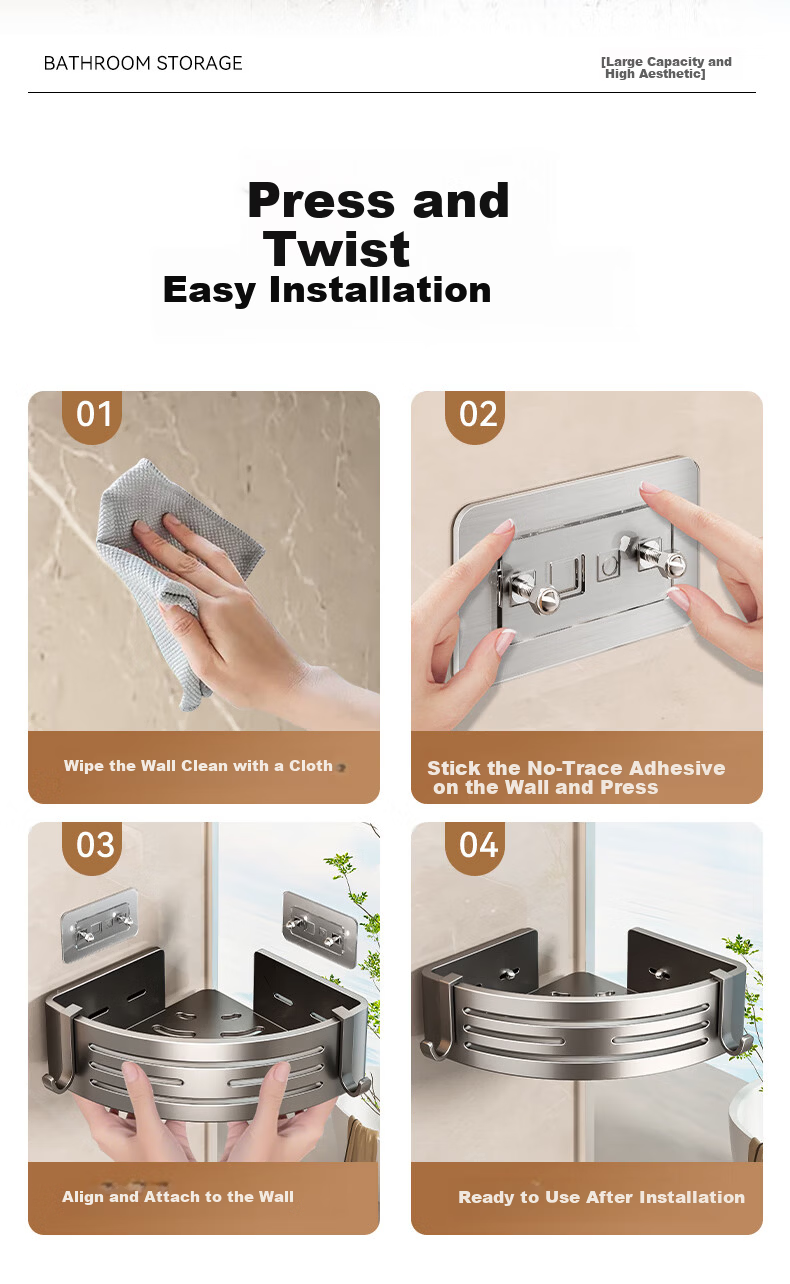 Baihan No-Drill Storage Rack, Bathroom Corner Shelf, Bathroom Organizer Rack, Suction Cup, Carbon Steel 9