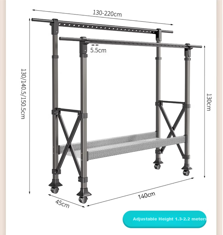 Hotata Floor-Standing Clothes Drying Rack Home Adjustable Double Rod with Drying Net Universal Wheels Mobile Outdoor H-Frame Drying Rack 13