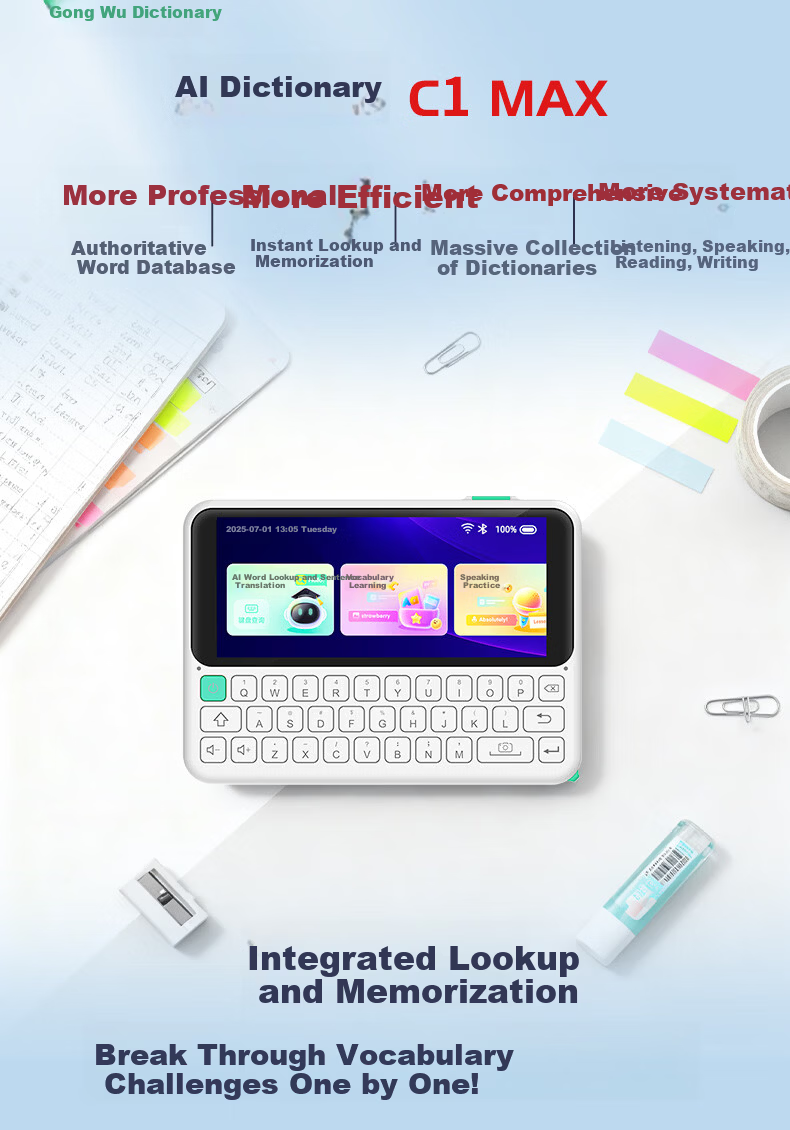 Koridy AI Electronic Dictionary C1MAX 64GB English Japanese Learning Device Keyboard Input Word Lookup Practice Memorization Dictionary Textbook Synchronized Vocabulary Machine Word Cards 3