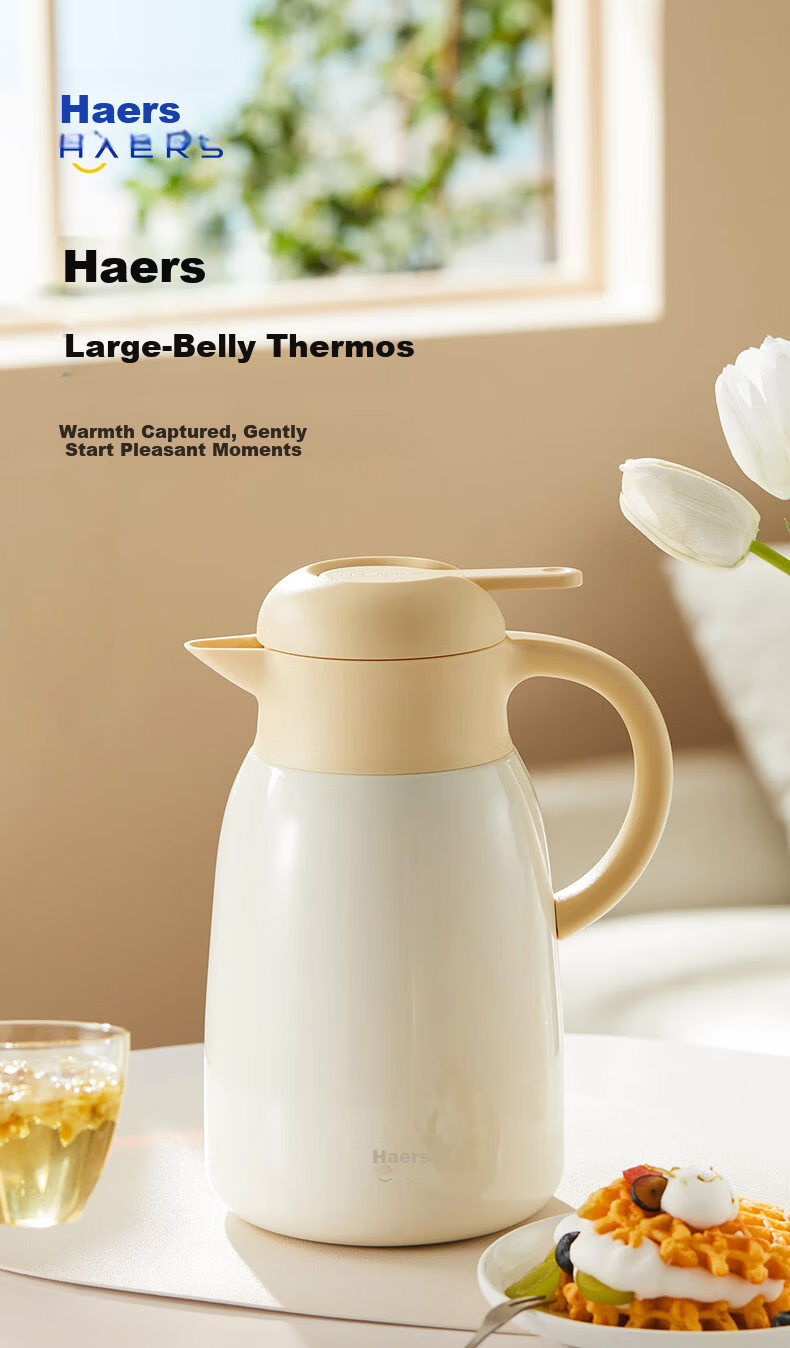 Haers 316L Stainless Steel Insulated Thermos Flask Household Large Capacity Hot Water Kettle Ivory White 2L 1