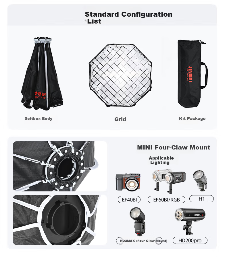 Jinbei KM Grid Softbox Deep Octagonal Spherical Foldable Portable On-Camera Light Video Live Soft Light Cover MINI Four-Claw KM-50CM Quick-Release Octagonal Grid Softbox 5