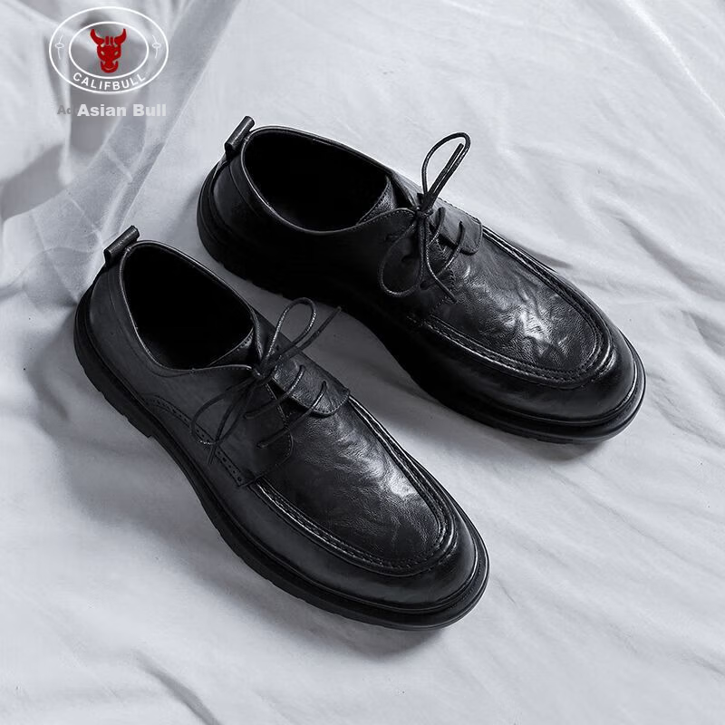 California Bull Men's Leather Business Casual Autumn British Style Soft Sole Loafers Fashion Wedding Shoes Black Size 42