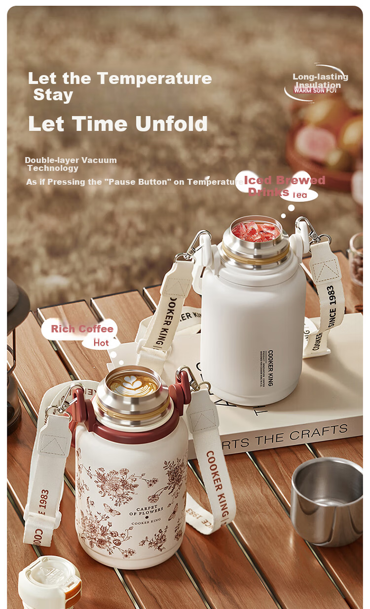 COOKER KING 316L Stainless Steel Insulated Thermos Large Capacity Water Bottle Home Outdoor Hot Water Flask 1.2L (Rose Holiday) 7