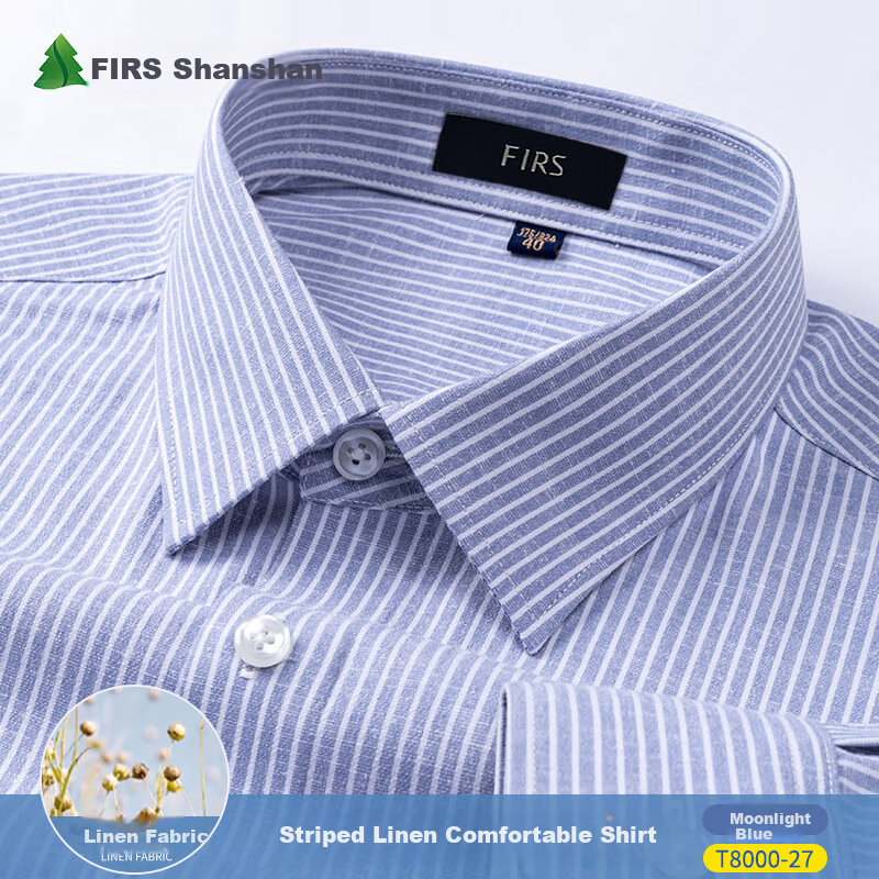 FIRS Men's Long Sleeve Business Casual Striped Shirt with Linen and Lyocell, Gray, Size 40