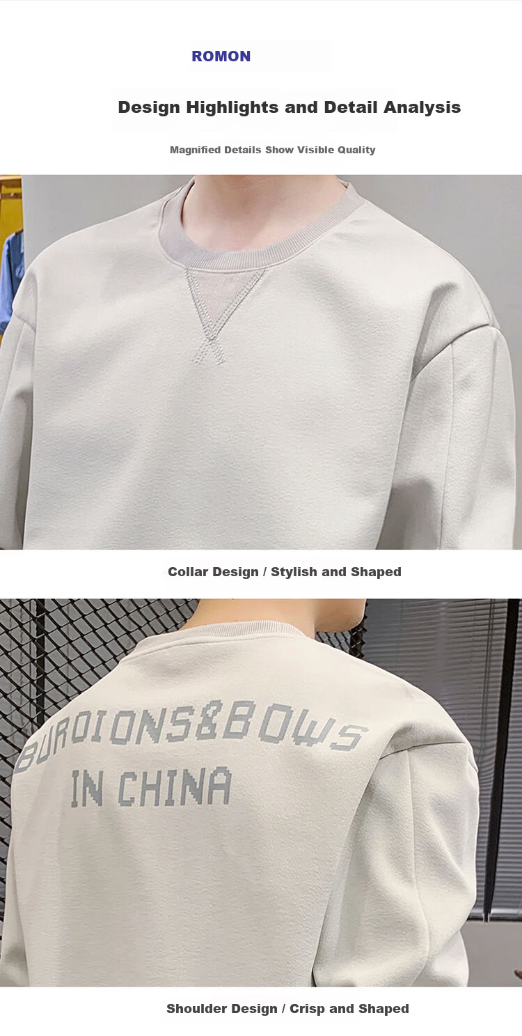 ROMON Men's Sweatshirt Spring and Autumn Long Sleeve T-Shirt Casual Round Neck White XL 13