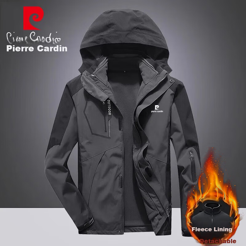 Pierre Cardin Men's 3-in-1 Outdoor Windproof Casual Hiking Jacket Autumn Winter Coat Gray Black 5XL