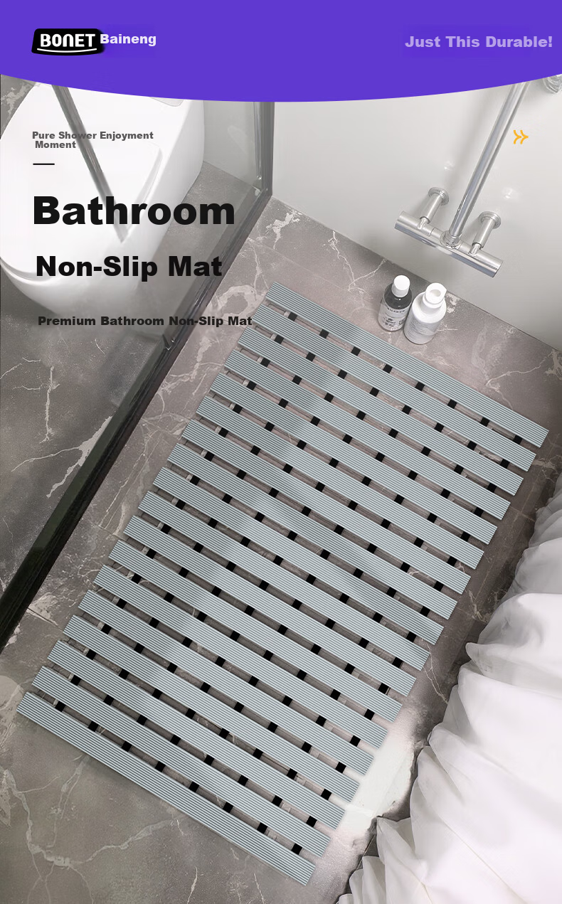 Baineng Bathroom Non-Slip Bath Mat Shower Mat Toilet Floor Mat Elderly Anti-Slip Mat Gray Blue 61x90cm 1