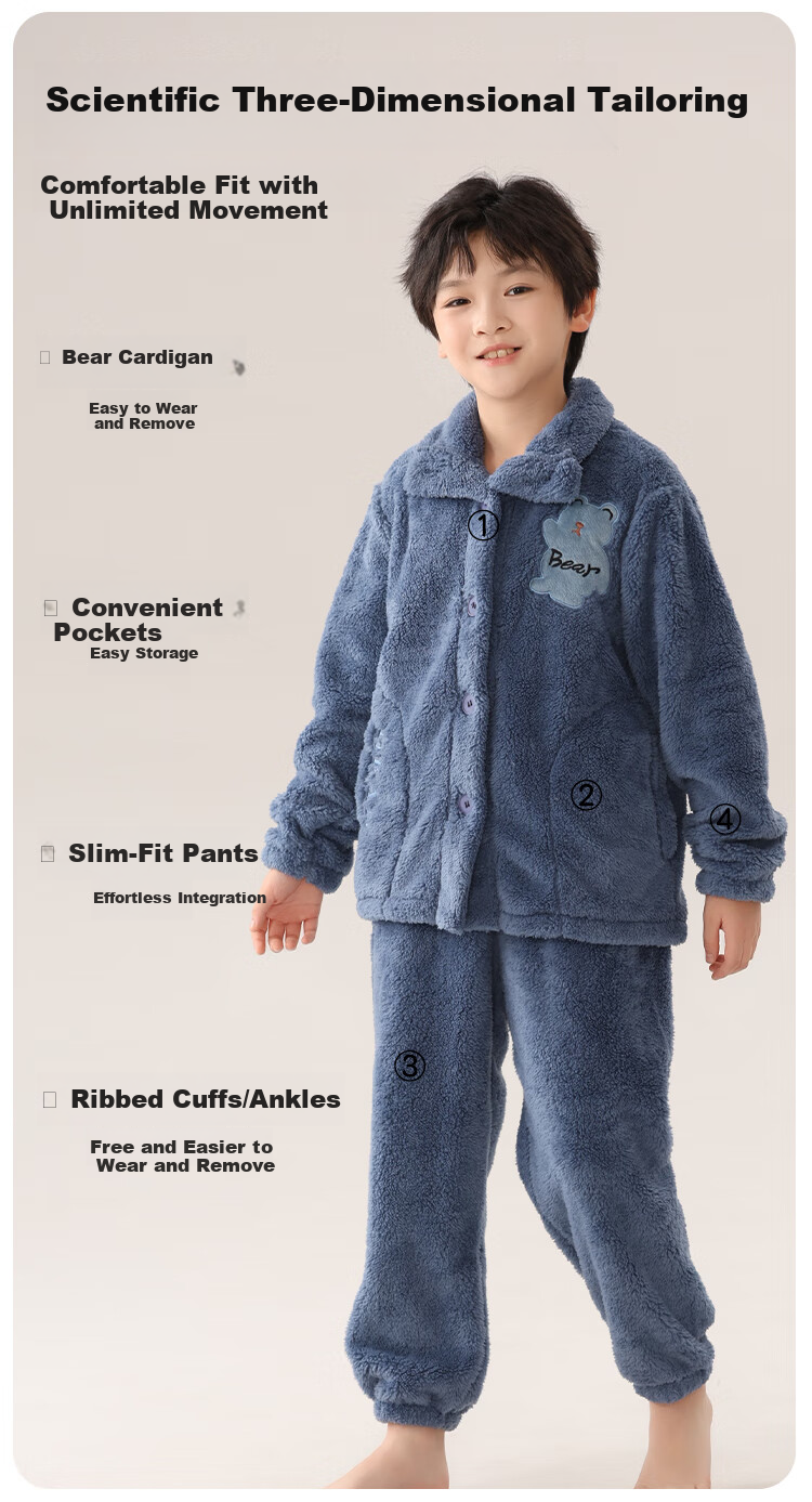 MiiOW Kids Boys Coral Fleece Thickened Flannel Cardigan Autumn Winter Homewear Set 24 New Style 160cm 4