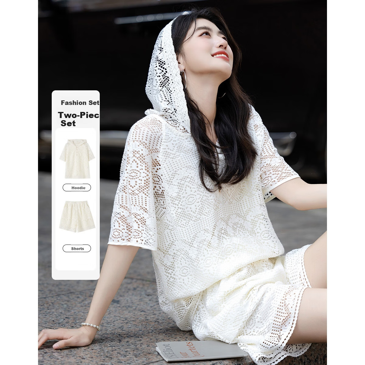 Demana Lace No-Fail Summer Hooded Lace Ribbon Top and Hollow Jacquard Pants Women's Two-Piece Set