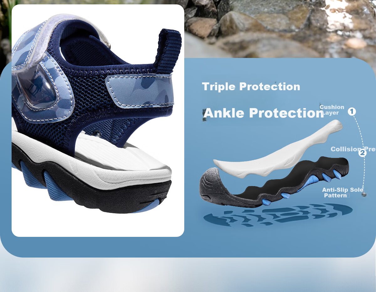 CAMEL Children's Sandals, Summer Beach Shoes, Closed-Toe, Anti-Collision, Non-Slip, Velcro Straps, for Older Kids 10