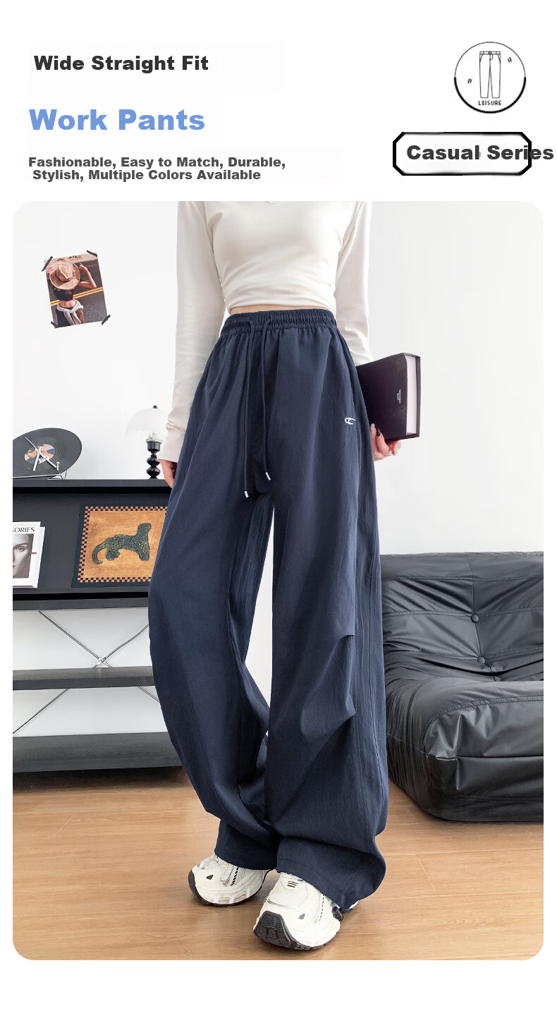 Langsha Embroidered Work Pants for Women 2026 Spring Summer Thin High Waist Slim Loose Straight Quick-Dry Ice Silk Wide-Leg Sports Pants 1