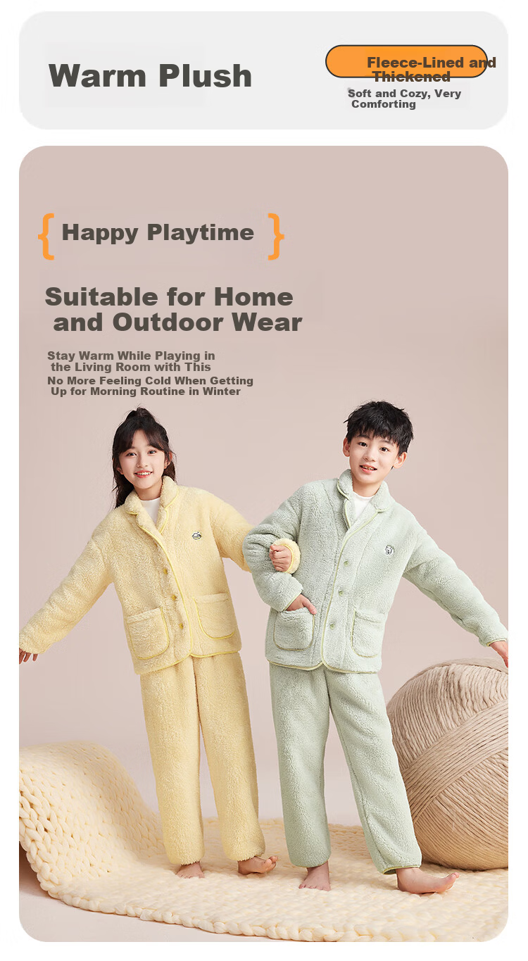 Hodohome Girls' Antibacterial and Anti-Mite Fleece Thickened Far-Infrared Warm Bubble Fleece Stand Collar Pajamas 702 Size 140 4