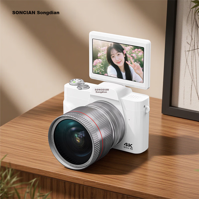 SONGDIAN Digital Camera 4K HD Video Flip Screen Selfie Vlog Entry-Level Campus HD Mirrorless Camera Photo Travel DC103W White 128GB Memory