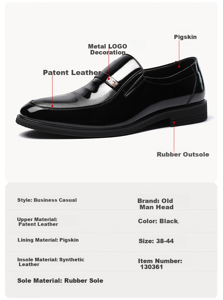 LAORENTOU Men's Leather Business Dress Shoes Spring Autumn Slip-On Patent Leather Daily Shoes 130361 Black Size 43 5