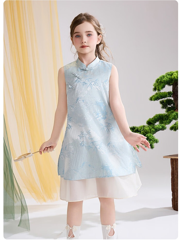 ASK JUNIOR Chinese Style New Mid-Summer Girls' Dress Large Kids Two-Piece Illusion Mesh Dress 11