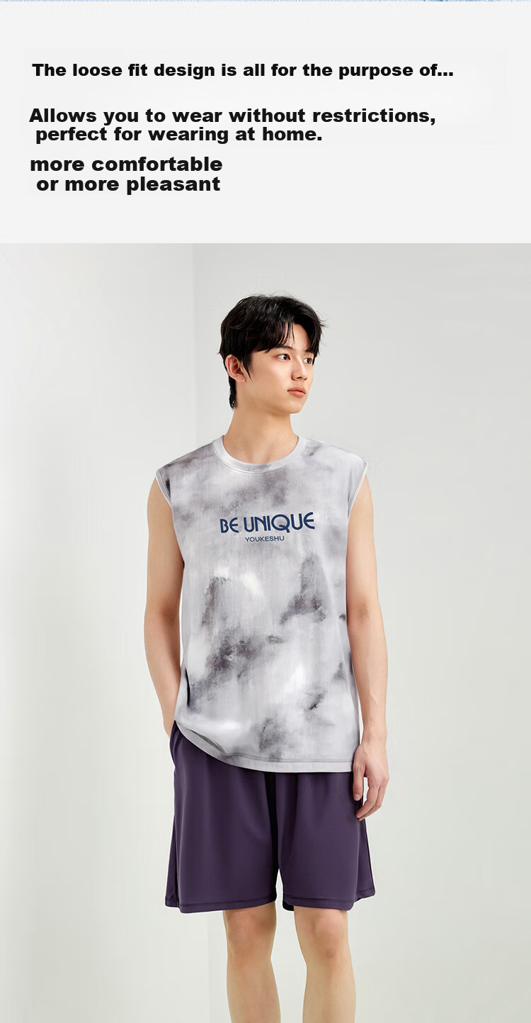 Youkeshu Men's Summer Pajamas [5A Antibacterial] 100% Cotton Sleeveless Vest Set Suitable for Outdoor Wear 6