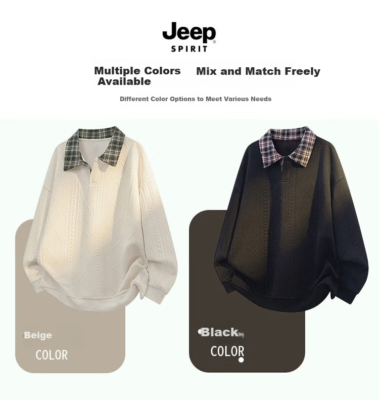 JEEP SPIRIT Men's Spring Loose Fit Trendy Plaid Casual Polo Shirt with Faux Two-Piece Design Beige M 6